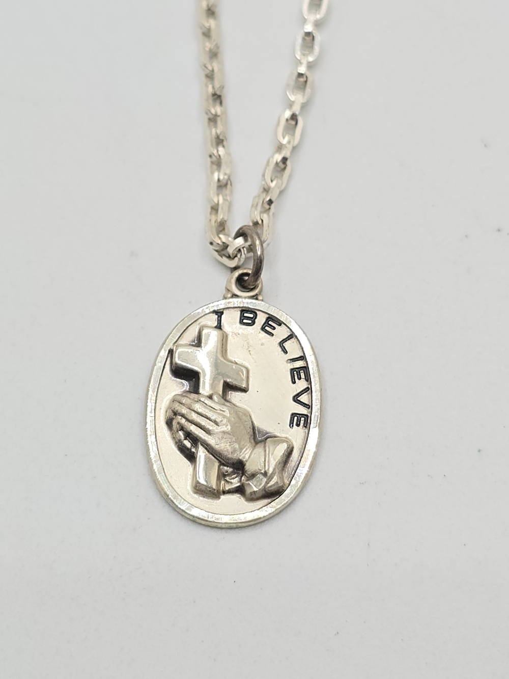 Creed Sterling "I Believe" Lutheran Praying Hands Cross Necklace 24" 16.2g